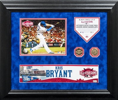 2015 Kris Bryant Rookie Framed Locker Room Name Plate with two Flash Plated Medallions (MLB authenticated)